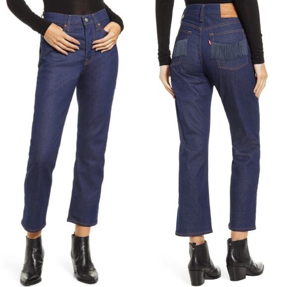 Levi's Wedgie Straight Jeans 26 New NWT Fringe Dark Denim Western High Rise - Picture 1 of 6